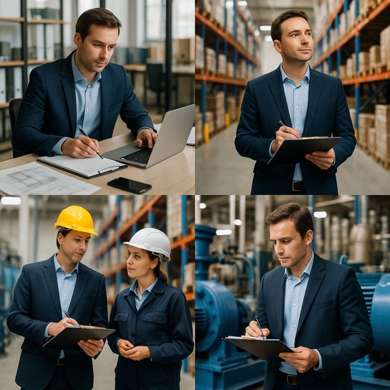 Acheteur industriel inspectant des pièces mécaniques dans une usine