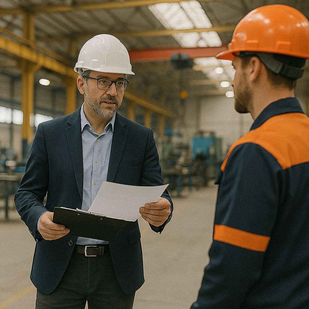 Acheteur industriel en discussion technique avec un opérateur dans une usine