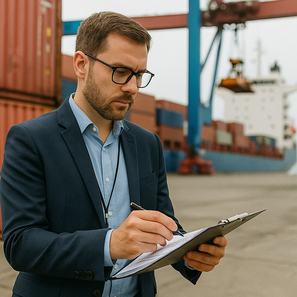 Acheteur international analysant les coûts logistiques et les routes d’import-export dans un port de containers