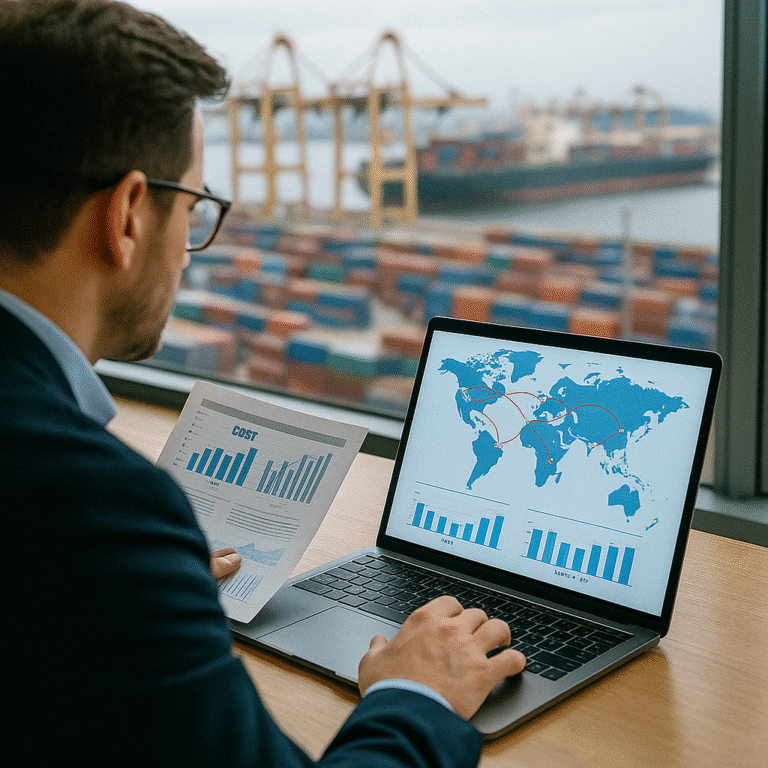 Acheteur international en négociation avec des fournisseurs étrangers dans un bureau