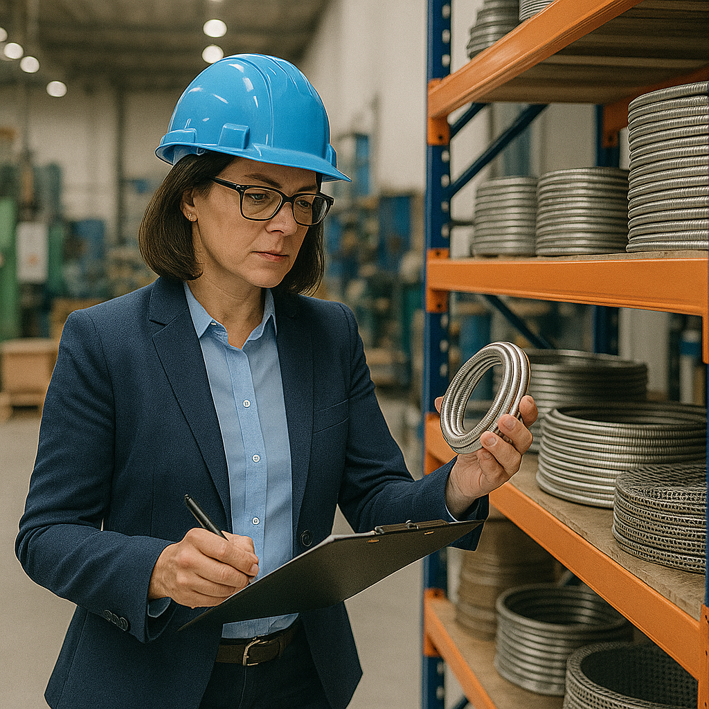 Acheteuse industrielle contrôlant des matériaux techniques dans un entrepôt