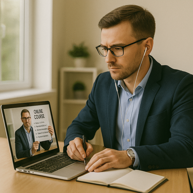 Professionnel suivant une formation acheteur en ligne tout en travaillant depuis son bureau
