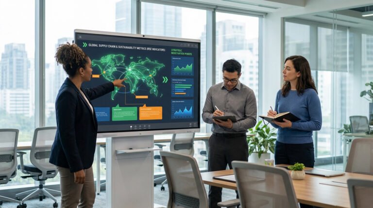 Trois professionnels analysent des données de chaîne d'approvisionnement et durabilité sur un écran interactif.