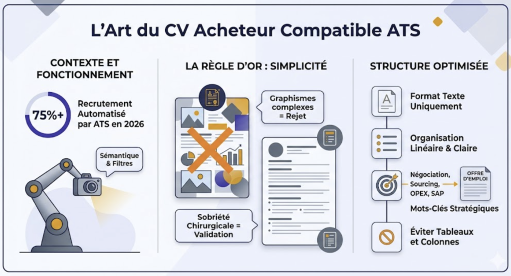 Infographie expliquant comment structurer un CV d'acheteur pour les systèmes ATS avec des mots-clés stratégiques.