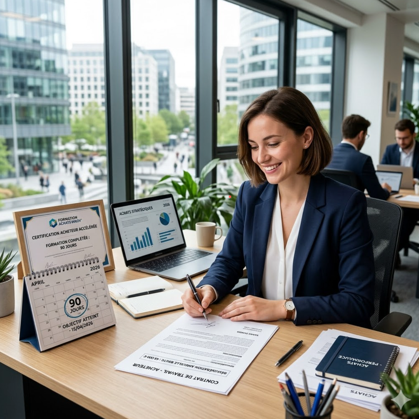 Une acheteuse professionnelle souriante signant son contrat de travail avec une mention de salaire de 45 000 euros. Sur son bureau moderne, un calendrier affiche l'objectif atteint en 90 jours et un certificat de formation 'Acheteur Stratégique' est mis en avant dans un cadre.