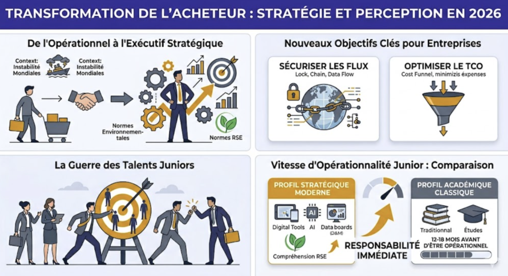 Infographie sur l'évolution du métier d'acheteur en 2026 montrant le passage du rôle opérationnel au rôle stratégique, l'optimisation du TCO et la comparaison de l'opérationnalité des profils juniors.