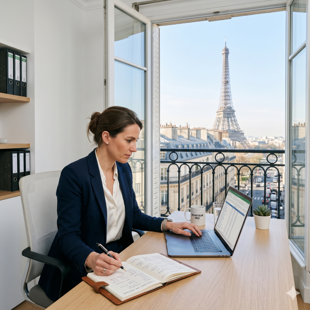 Une acheteuse professionnelle tape sur un ordinateur portable et consulte un cahier d'achat dans un bureau épuré à Paris, avec une vue nette sur la Tour Eiffel et les toits parisiens.