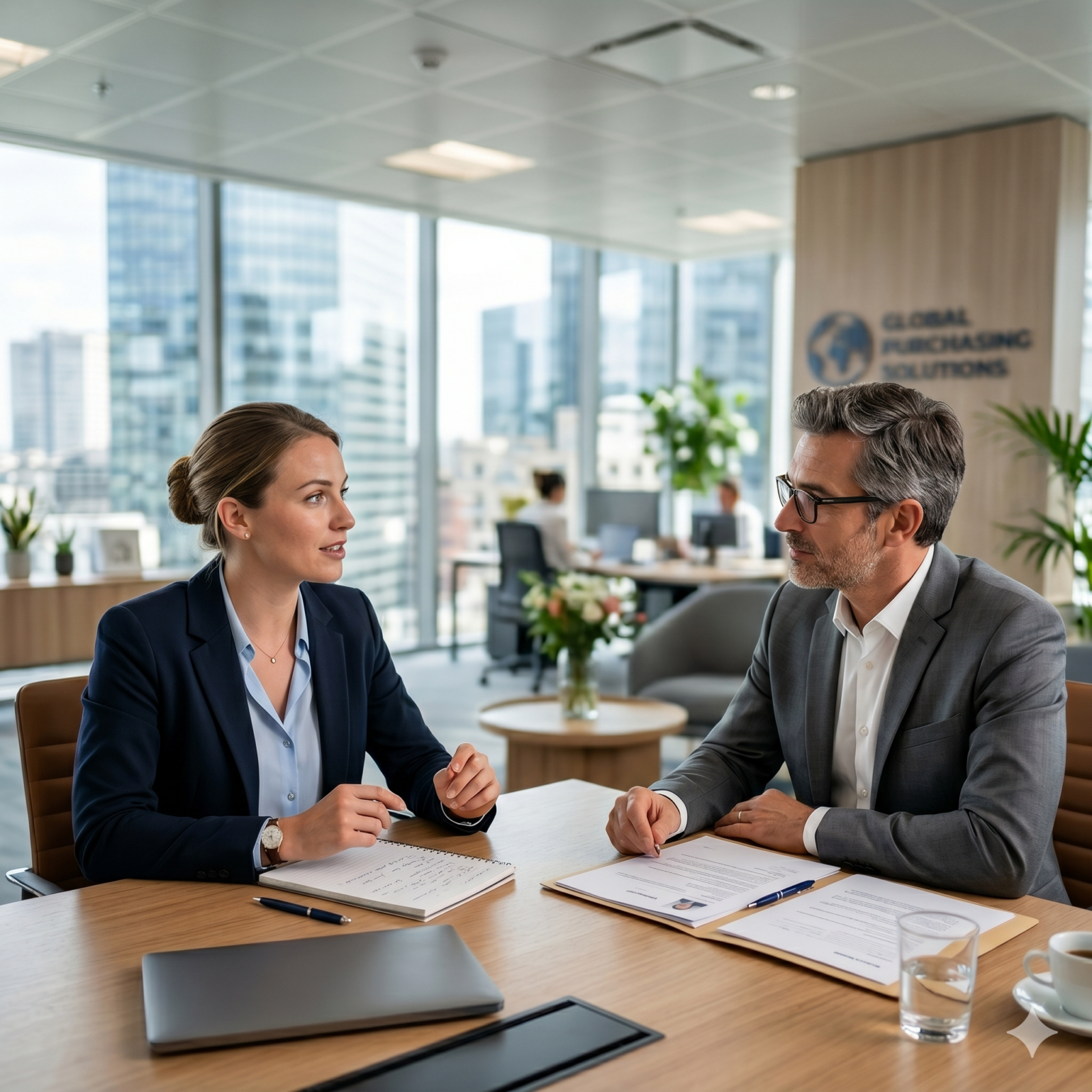 Photographie hyperréaliste d'un entretien d'embauche professionnel pour un poste d'acheteur international dans un bureau d'entreprise moderne avec vue sur la ville. Deux professionnels en tenue d'affaires discutent à une table.