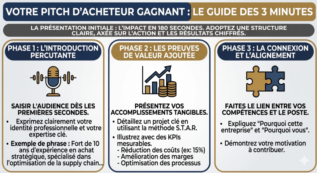 Infographie détaillant la méthode en 3 phases pour réussir un pitch d'acheteur percutant de 3 minutes en entretien d'embauche. Guide sur la structure de la présentation initiale : introduction, preuves de valeur ajoutée (méthode S.T.A.R., KPIs) et alignement des compétences.