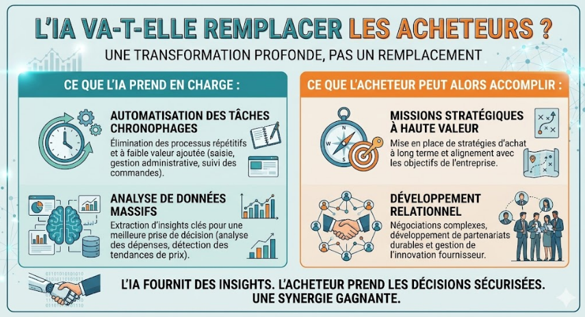 Infographie expliquant l'impact de l'intelligence artificielle sur le métier d'acheteur. L'IA automatise les tâches chronophages et l'analyse de données, permettant à l'acheteur de se concentrer sur la stratégie, la négociation complexe et le développement de partenariats.