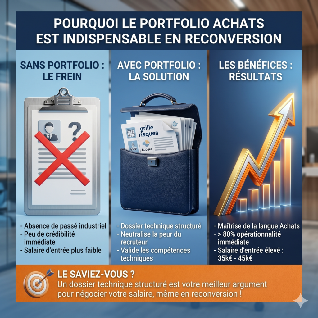 Infographie illustrant les étapes clés et les méthodes stratégiques pour réussir sa carrière ou sa reconversion dans les achats professionnels.