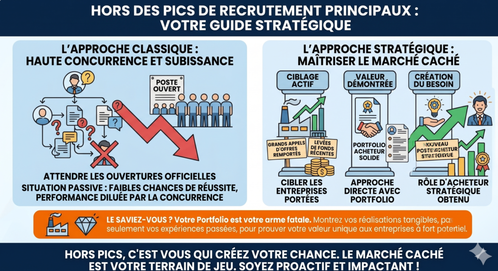 Infographie comparative montrant que le portfolio d'acheteur avec grilles de scoring et trames RFx est plus important que la lettre de motivation en 2026