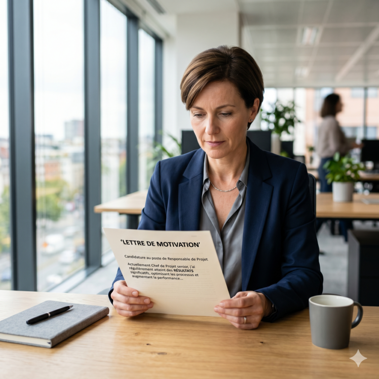 Une responsable recrutement lit attentivement une lettre de motivation d'acheteur imprimée. Le document met clairement en évidence l'atteinte de résultats concrets et l'optimisation des performances dans un environnement de bureau moderne et lumineux.
