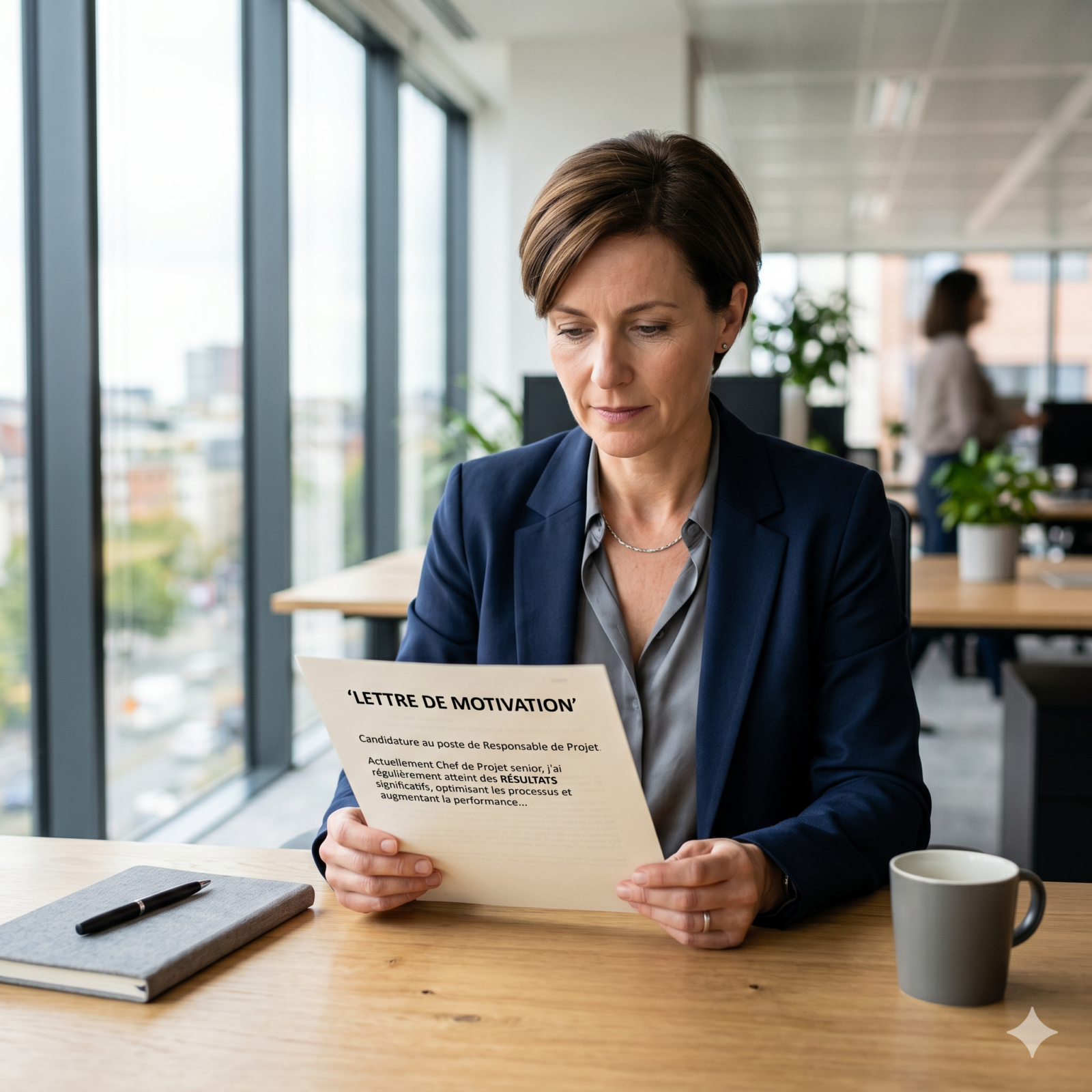 Une responsable recrutement lit attentivement une lettre de motivation d'acheteur imprimée. Le document met clairement en évidence l'atteinte de résultats concrets et l'optimisation des performances dans un environnement de bureau moderne et lumineux.