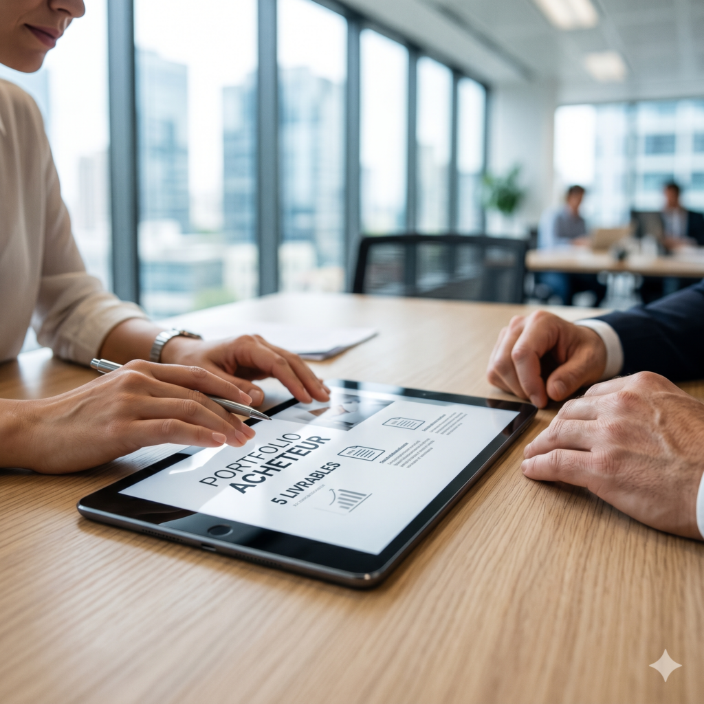 Une vue de dessus partielle de deux professionnels dans un bureau moderne lumineux avec vue sur la ville. Une femme en blouse blanche utilise un stylet pour pointer l'écran d'une tablette qui affiche le texte français « PORTFOLIO ACHETEUR » et « 5 LIVRABLES », accompagné d'icônes de graphique et de document. Un homme en costume bleu marine regarde l'écran. L'image illustre un entretien de recrutement technique pour un poste d'acheteur.