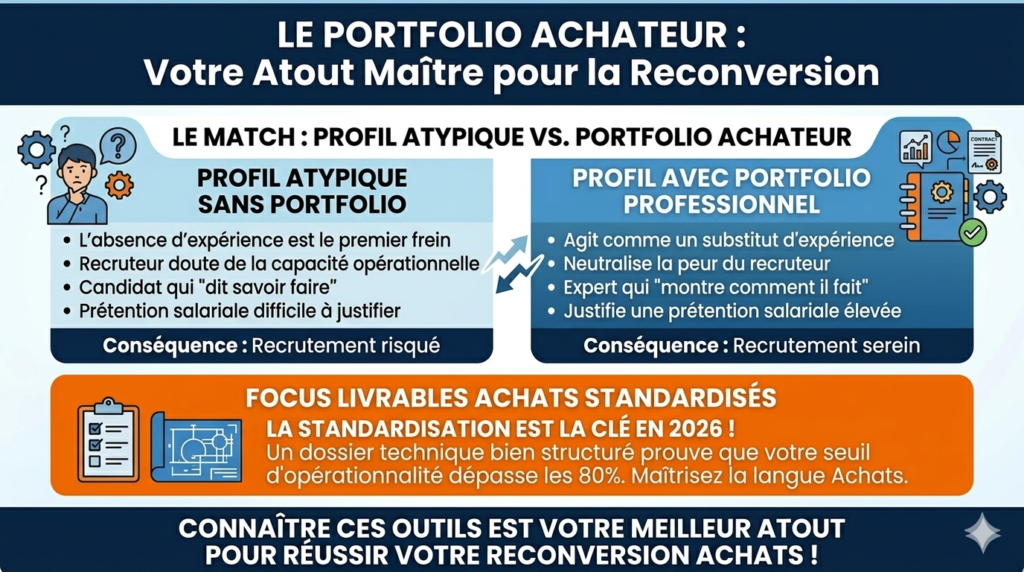 Elle décrit précisément le contenu de l'image pour les moteurs de recherche tout en plaçant naturellement les termes du champ sémantique (reconversion, achats, expérience, opérationnalité, livrables).