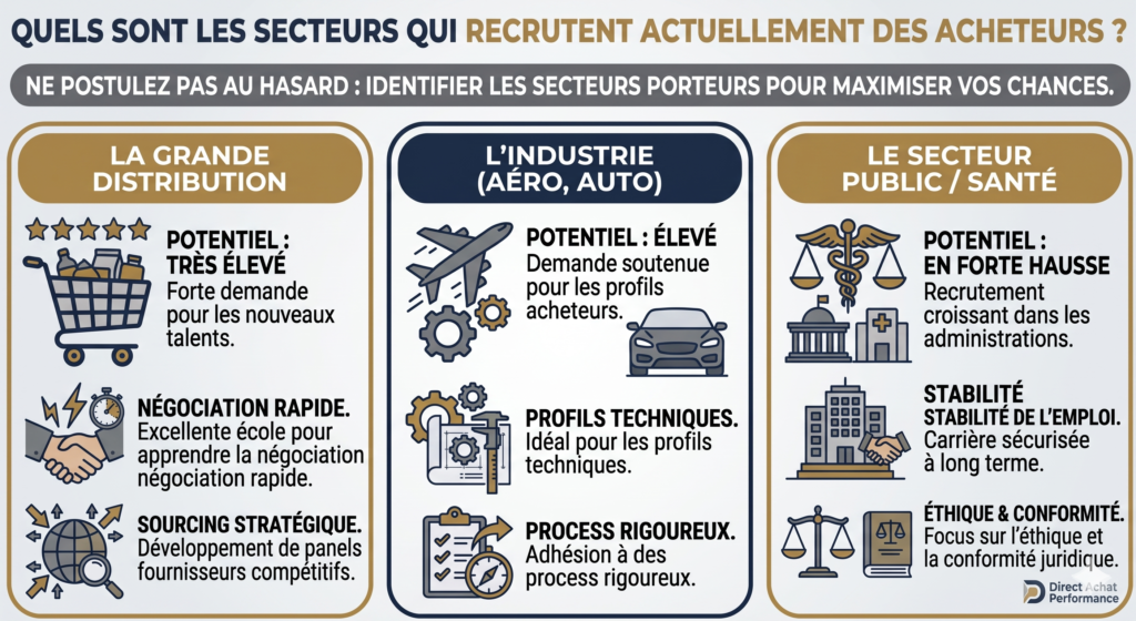 Infographie détaillant la méthode en 3 phases pour réussir un pitch d'acheteur percutant de 3 minutes en entretien d'embauche. Guide sur la structure de la présentation initiale : introduction, preuves de valeur ajoutée (méthode S.T.A.R., KPIs) et alignement des compétences.