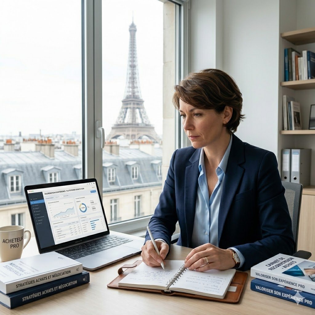 Une professionnelle de 40 ans en pleine reconversion vers le métier d'acheteur, valorisant son expérience en travaillant sur un ordinateur portable dans un bureau parisien élégant avec vue sur la Tour Eiffel.