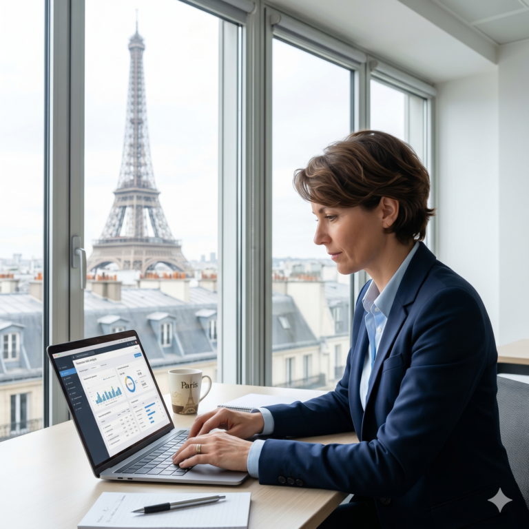 Une professionnelle chevronnée en reconversion dans les achats travaille sur son ordinateur portable dans un bureau parisien avec vue sur la Tour Eiffel.