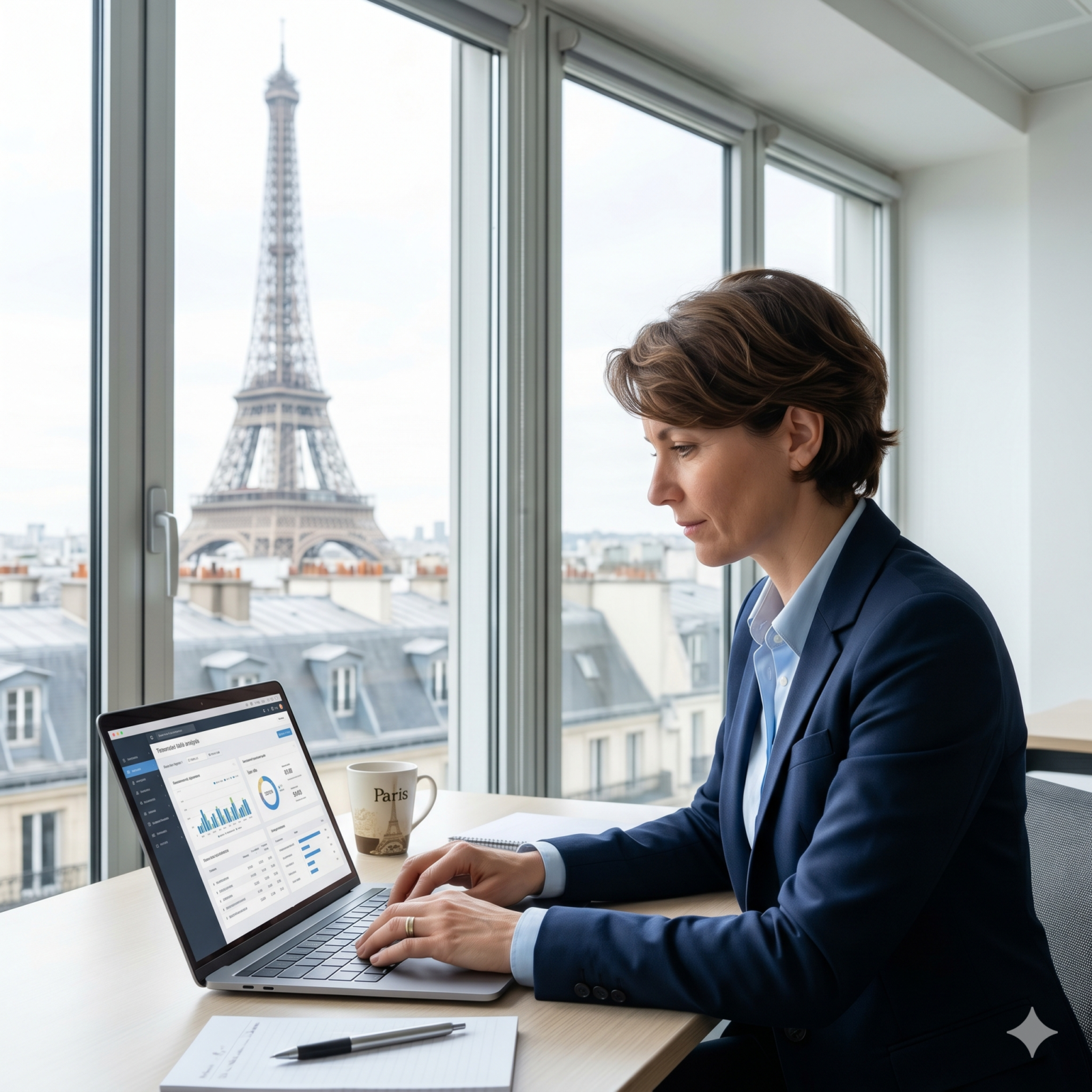 Une professionnelle chevronnée en reconversion dans les achats travaille sur son ordinateur portable dans un bureau parisien avec vue sur la Tour Eiffel.