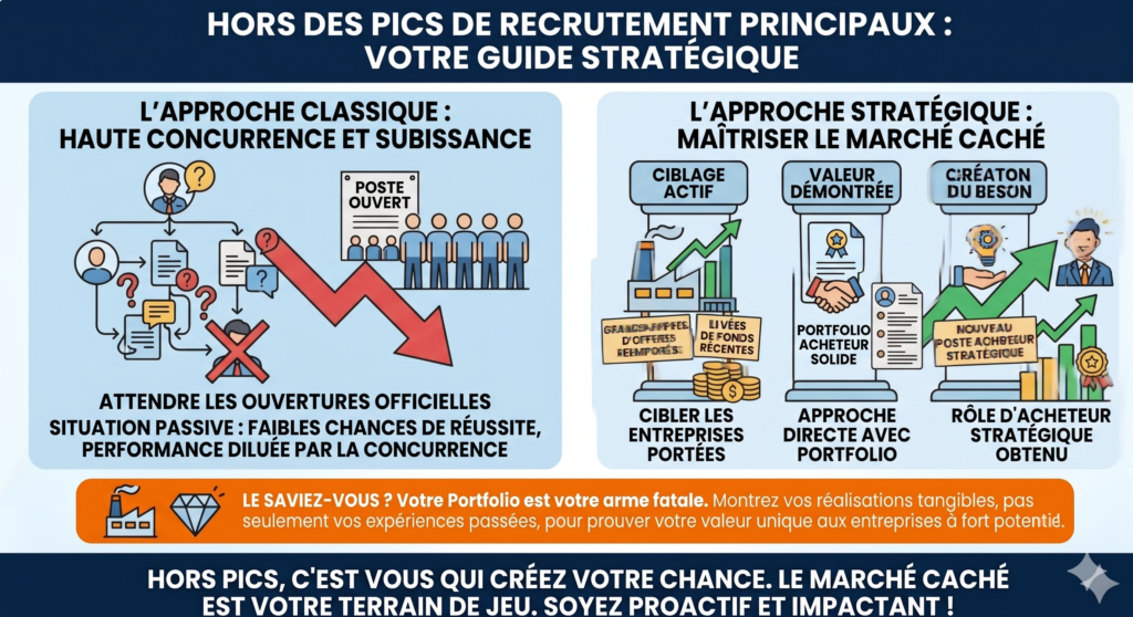 Infographie expliquant comment postuler hors des pics de recrutement pour un acheteur en utilisant le marché caché et un portfolio solide