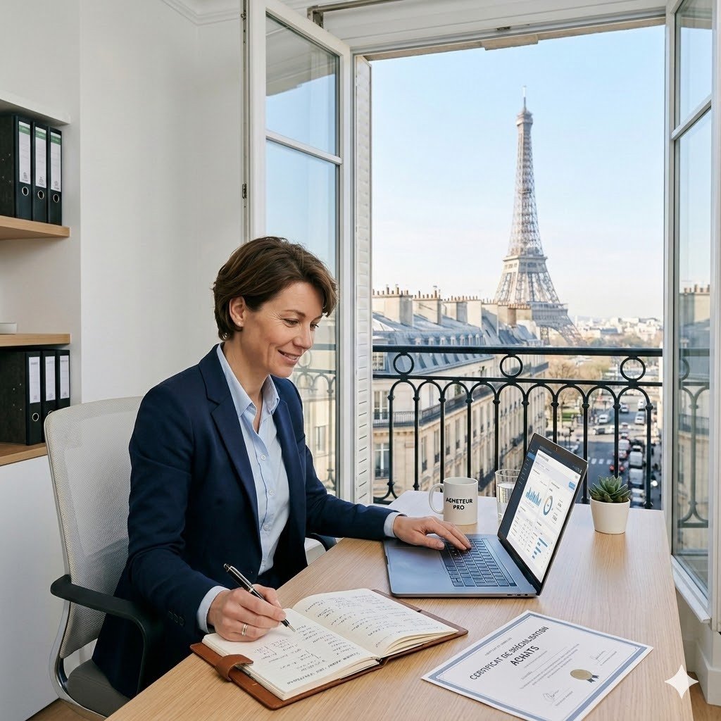 Une professionnelle en train de valider son parcours de spécialisation achats sur une plateforme pédagogique, travaillant sur un ordinateur portable dans un bureau parisien épuré avec une vue claire sur la Tour Eiffel.