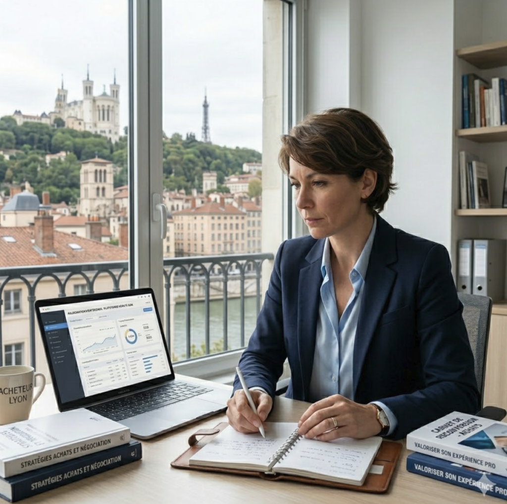 Une professionnelle en reconversion suit attentivement une formation achats 100 % en ligne sur son ordinateur portable, travaillant sur un bureau épuré depuis un appartement parisien avec une vue dégagée sur la Tour Eiffel.
