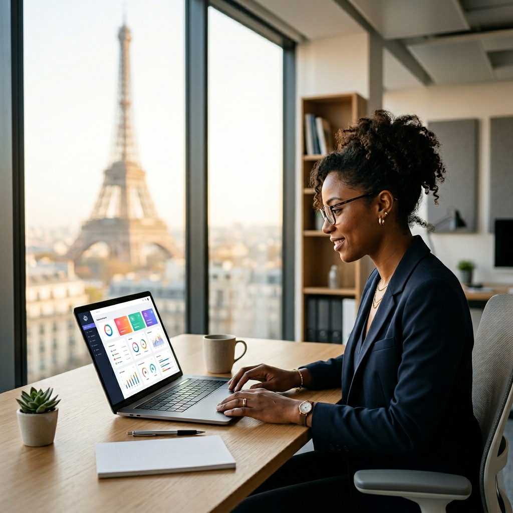 Une personne travaillant sur une plateforme de formation en ligne professionnelle dans un bureau moderne à Paris avec vue sur la Tour Eiffel. L'écran affiche des graphiques de progression de compétences, symbolisant l'accessibilité et la flexibilité du cursus de formation aux achats.