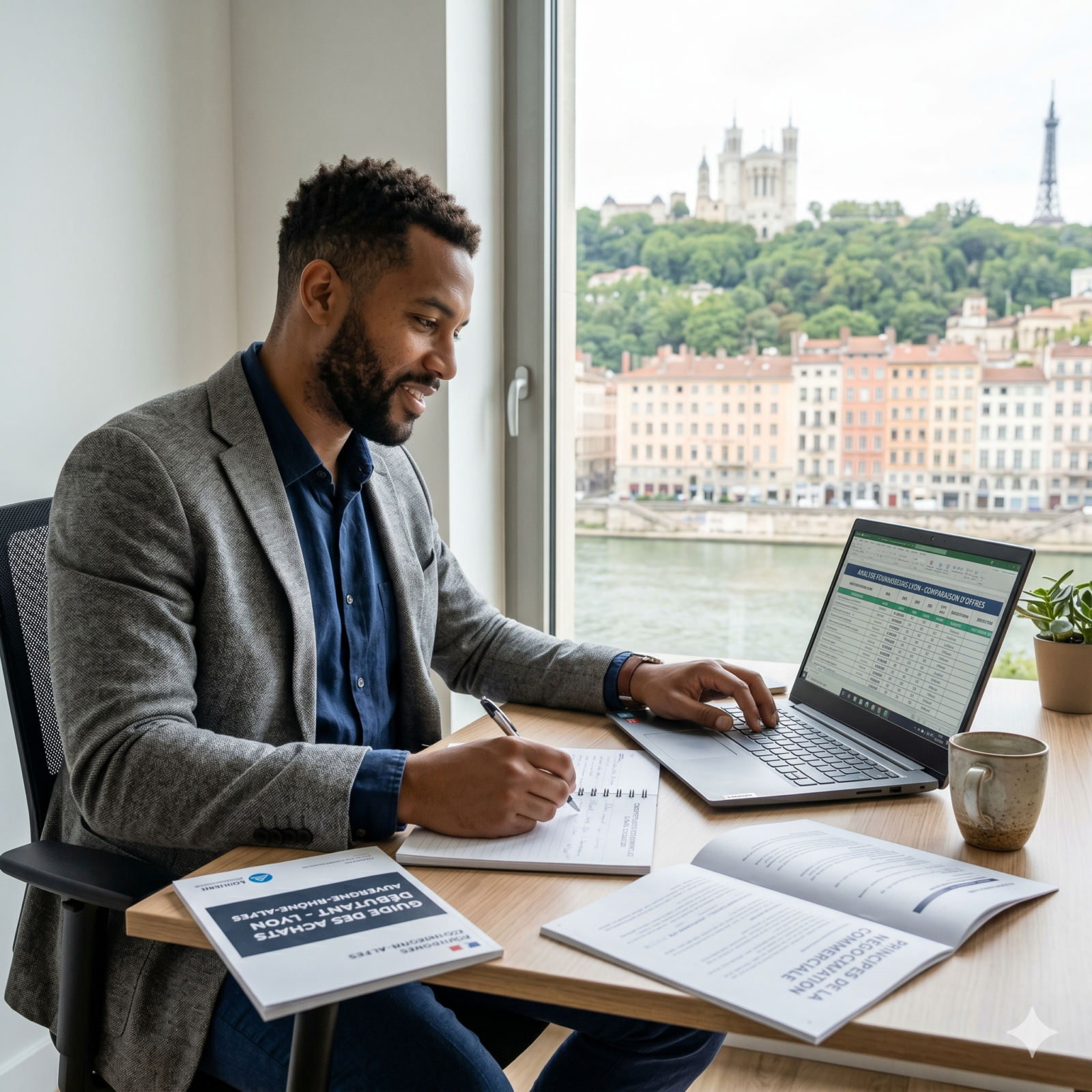 Un professionnel expérimenté en reconversion se formant aux compétences de base du métier d'acheteur sur un ordinateur portable, installé dans un bureau moderne à Lyon avec une vue sur la basilique de Fourvière et la Saône.