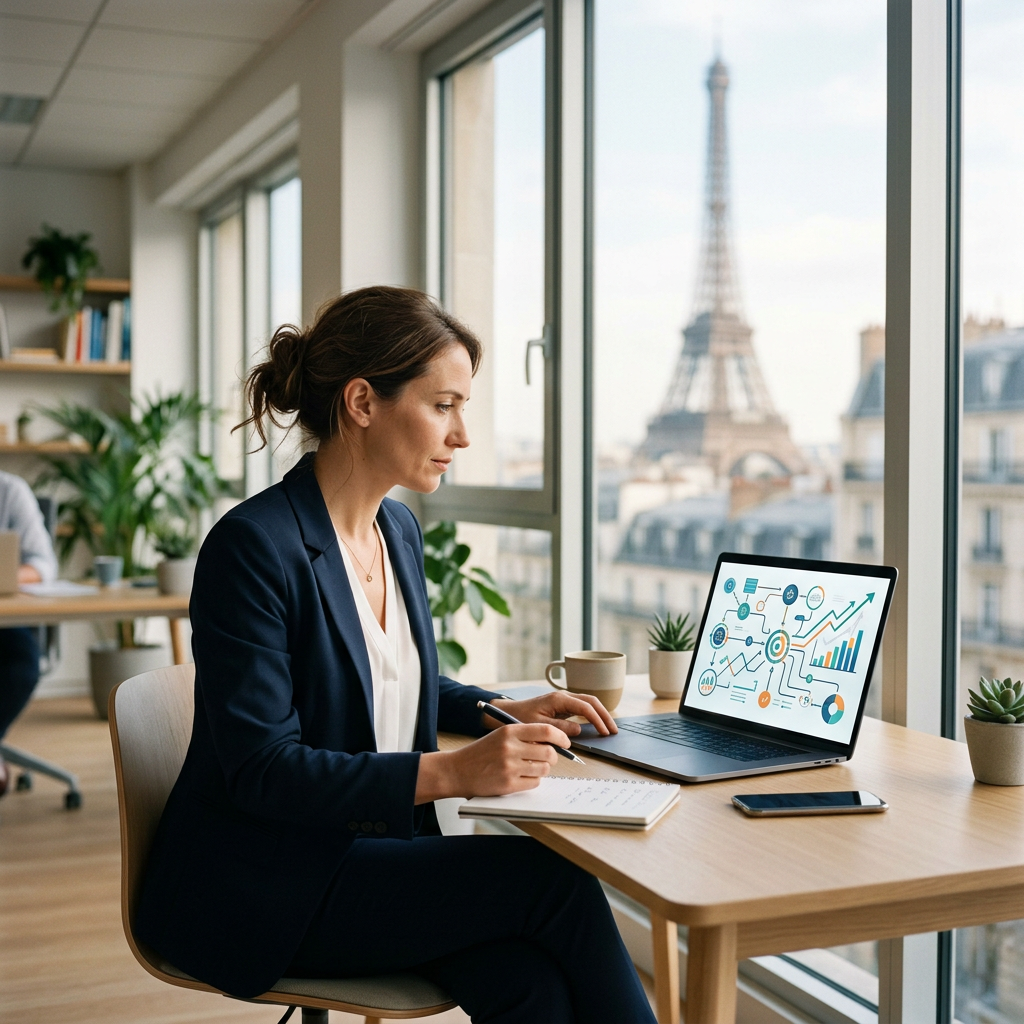 Un professionnel concentré devant son ordinateur dans un bureau moderne à Paris avec vue sur la Tour Eiffel. L'écran affiche une feuille de route stratégique abstraite symbolisant un plan d'action pour une reconversion professionnelle réussie vers le métier d'acheteur.