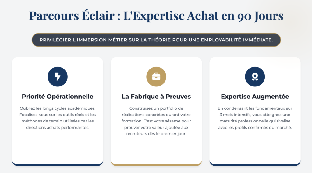 Infographie expliquant comment devenir acheteur opérationnel en 90 jours : focus sur la pratique métier, la création d'un portfolio de preuves et l'accélération de l'expertise pour les profils en reconversion.
