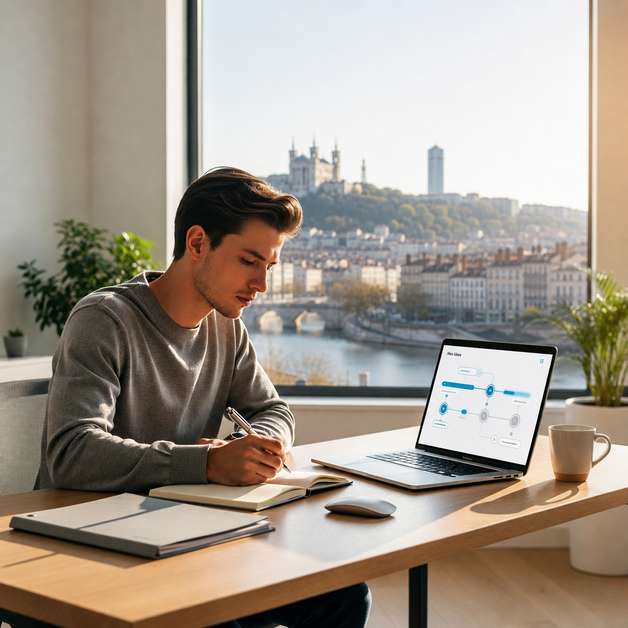 Un jeune professionnel motivé préparant sa reconversion devant son ordinateur dans un bureau parisien avec vue sur la Tour Eiffel. L'écran affiche une ligne du temps abstraite et des étapes de progression, illustrant un plan d'action structuré pour devenir acheteur professionnel.