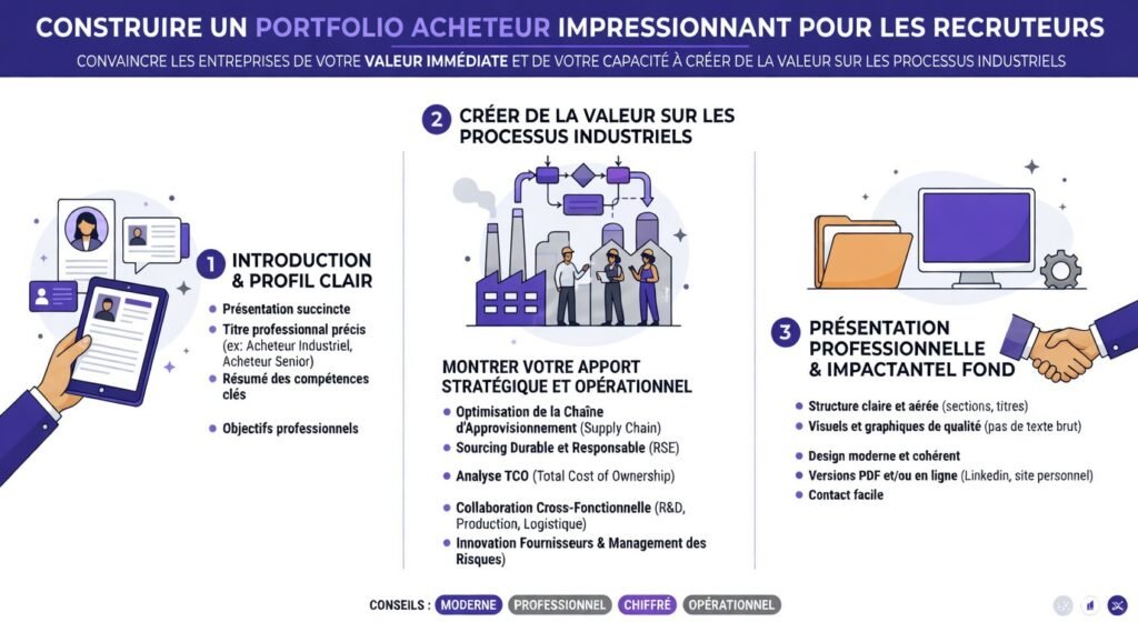 Infographie expliquant comment construire un portfolio acheteur pour convaincre les recruteurs. Elle souligne l'importance d'être opérationnel immédiatement, de prouver son employabilité avec des cas concrets et de démontrer sa capacité à créer de la valeur sur les processus industriels.