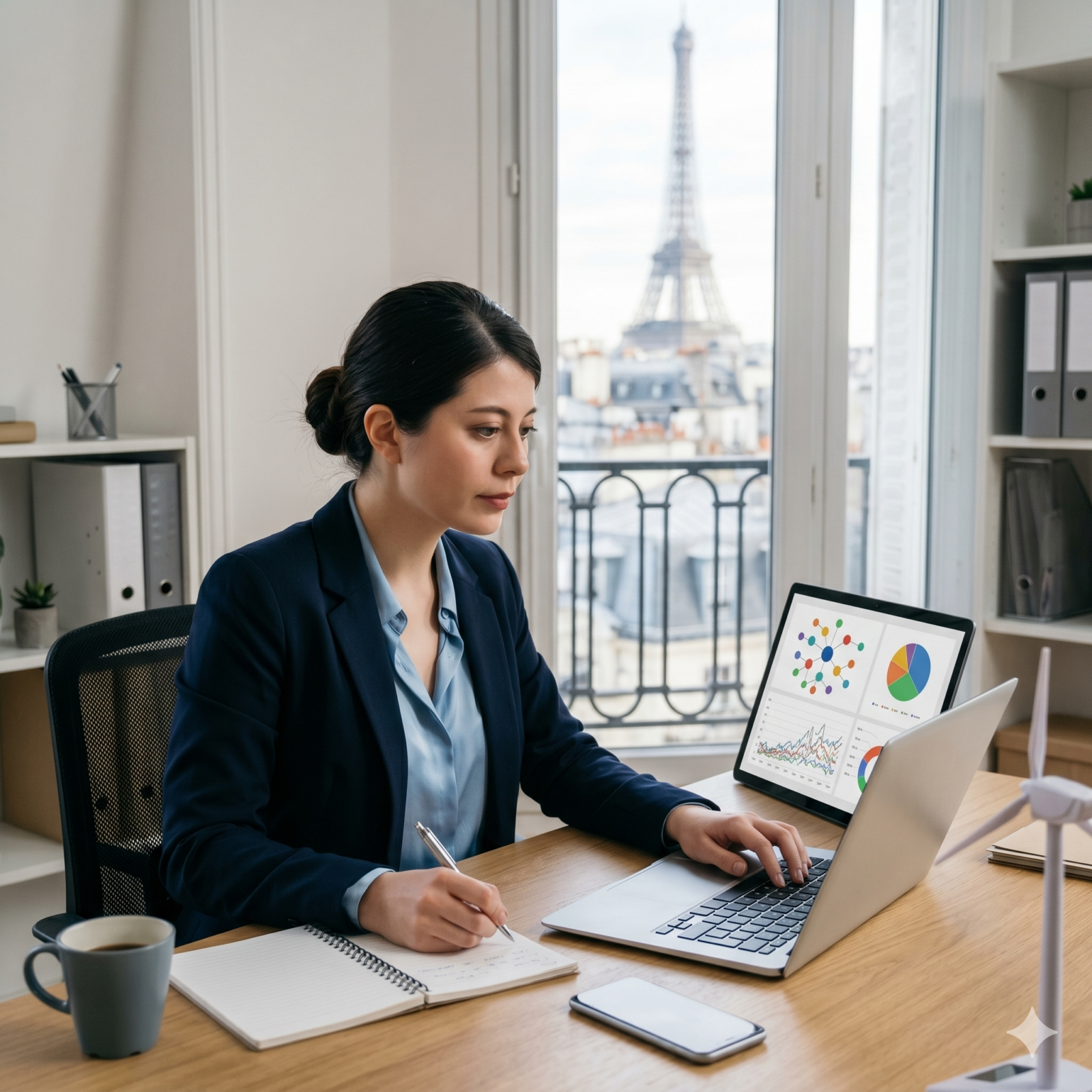Une jeune femme professionnelle, en blazer marine, analyse des données sur un ordinateur portable et prend des notes dans un bureau épuré à Paris, avec une vue nette sur la Tour Eiffel et les toits parisiens. Elle représente une candidate pour son premier emploi acheteur en 2026.