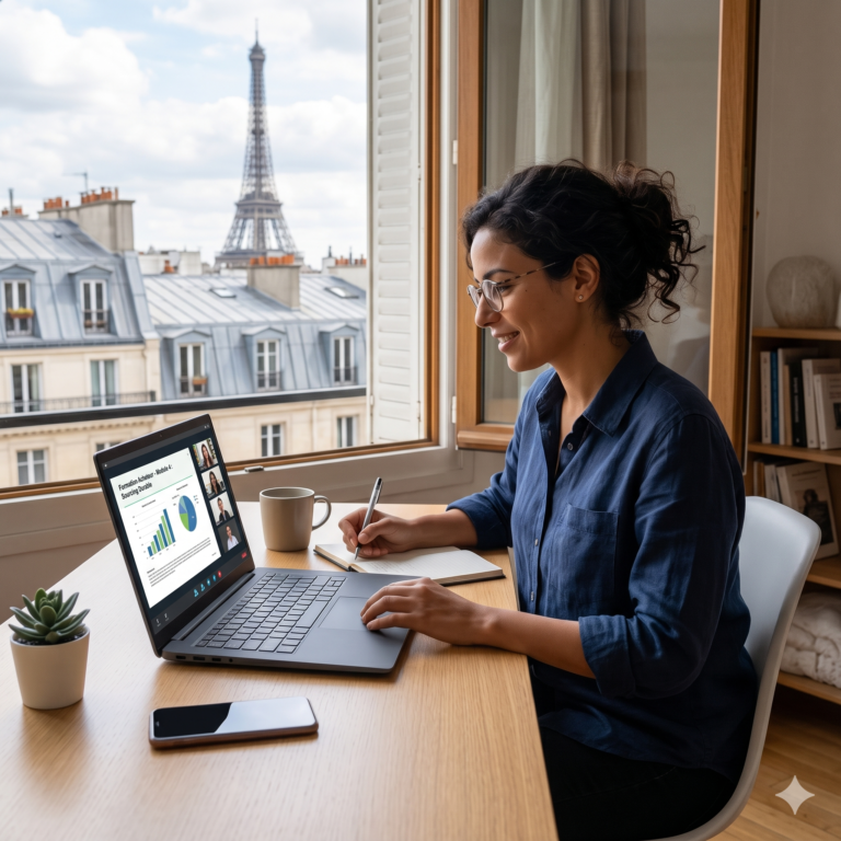 Une femme d'origine nord-africaine, âgée de 30-35 ans, travaille sérieusement sur son ordinateur portable lors d'une formation acheteur 100 % à distance dans un appartement épuré à Paris, avec une vue nette sur les toits en zinc et la Tour Eiffel en arrière-plan. Elle prend des notes dans un cahier.