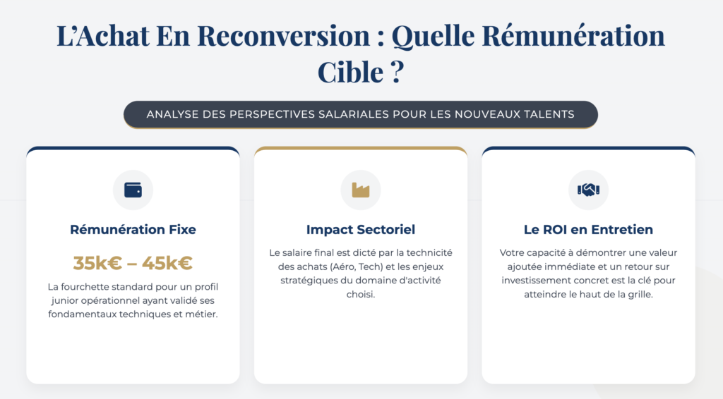 Infographie sur la rémunération des acheteurs en reconversion professionnelle en 2026. Détail des salaires juniors entre 35k et 45k euros selon le secteur, la technicité et les compétences de négociation.